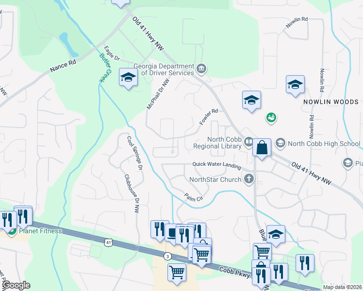 map of restaurants, bars, coffee shops, grocery stores, and more near 3489 Clubside Lane North West in Kennesaw