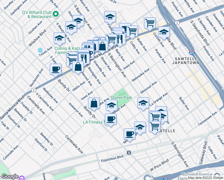 map of restaurants, bars, coffee shops, grocery stores, and more near 1741 Granville Avenue in Los Angeles