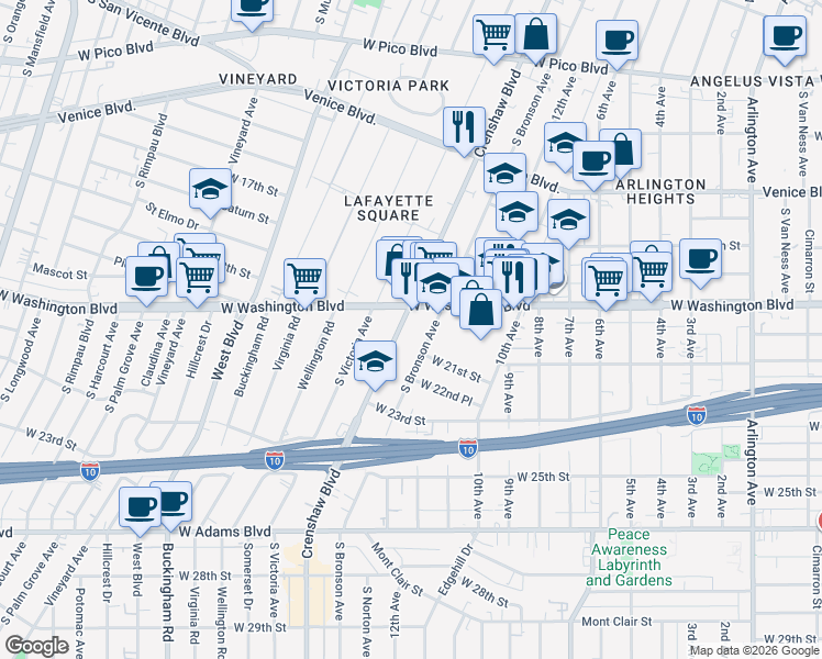 map of restaurants, bars, coffee shops, grocery stores, and more near 1922 Crenshaw Boulevard in Los Angeles