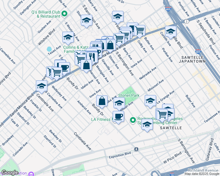 map of restaurants, bars, coffee shops, grocery stores, and more near 1709 South Westgate Avenue in Los Angeles