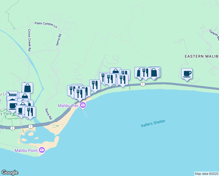 map of restaurants, bars, coffee shops, grocery stores, and more near 22802 Pacific Coast Highway in Malibu