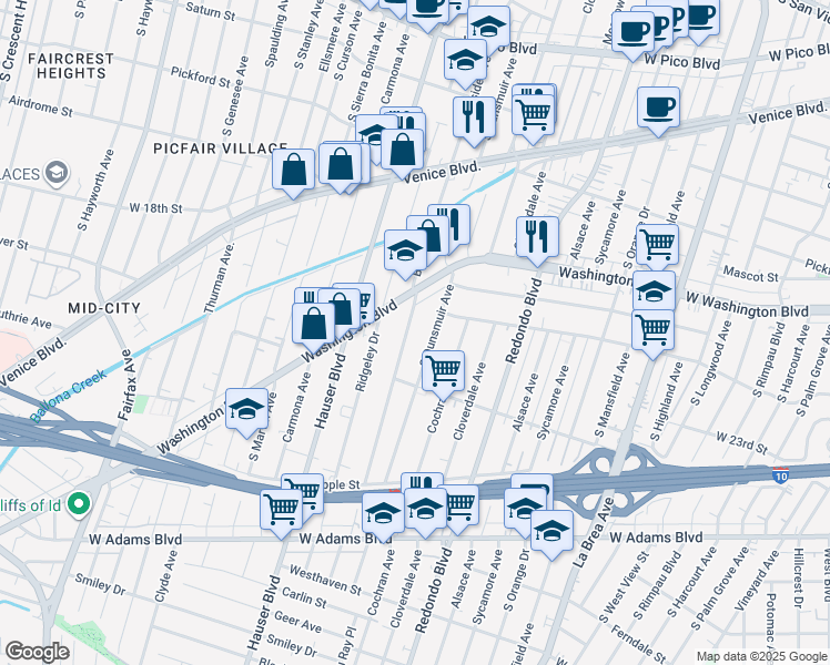 map of restaurants, bars, coffee shops, grocery stores, and more near Burnside Avenue in Los Angeles
