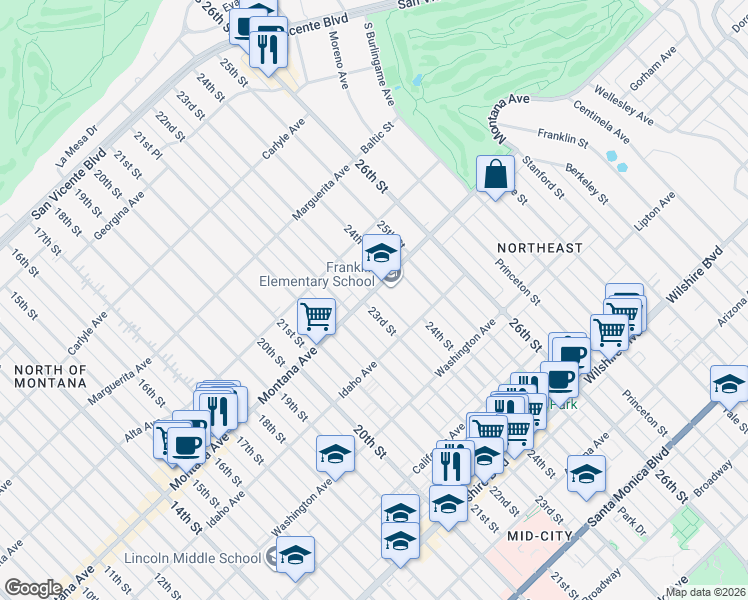 map of restaurants, bars, coffee shops, grocery stores, and more near 754 23rd Street in Santa Monica