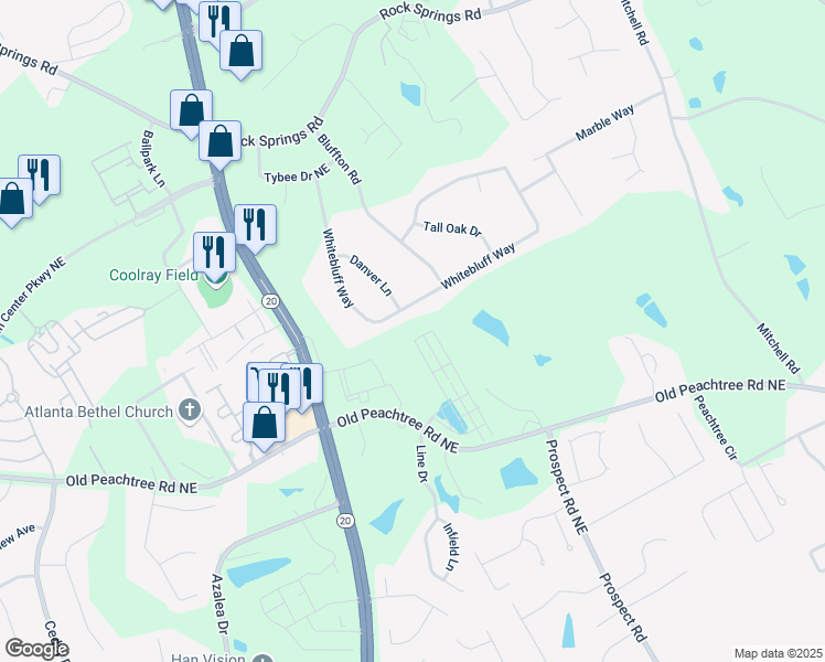 map of restaurants, bars, coffee shops, grocery stores, and more near 2505 Whistler Way Northeast in Lawrenceville