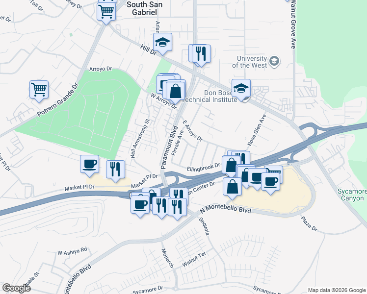 map of restaurants, bars, coffee shops, grocery stores, and more near 1635 North Greycastle Avenue in Montebello