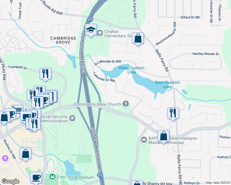 map of restaurants, bars, coffee shops, grocery stores, and more near 179 Lakeside Drive Northwest in Kennesaw