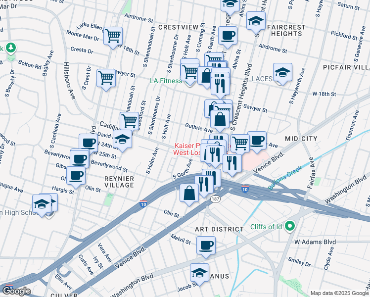 map of restaurants, bars, coffee shops, grocery stores, and more near 2057 South Garth Avenue in Los Angeles