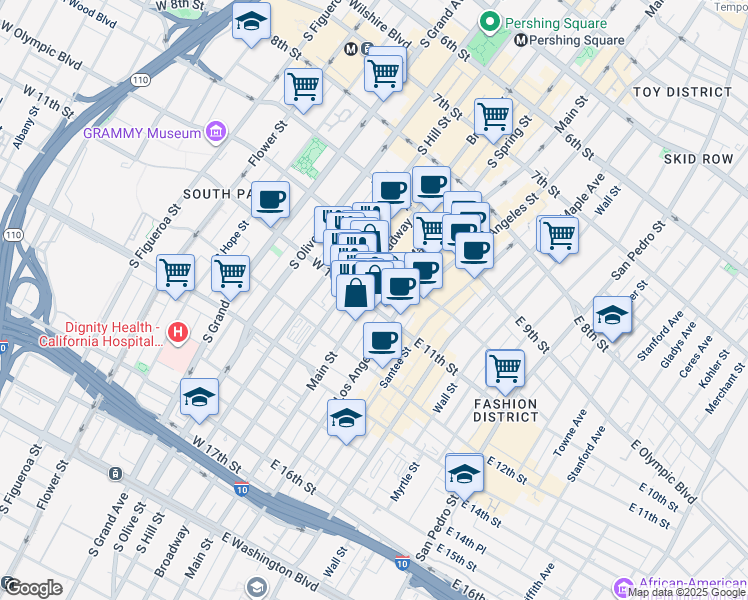 map of restaurants, bars, coffee shops, grocery stores, and more near 110 West 11th Street in Los Angeles