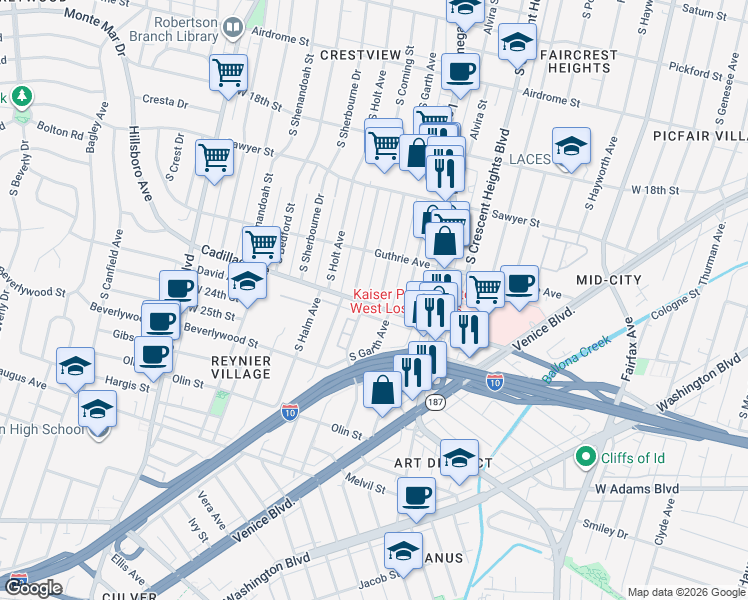 map of restaurants, bars, coffee shops, grocery stores, and more near in Los Angeles