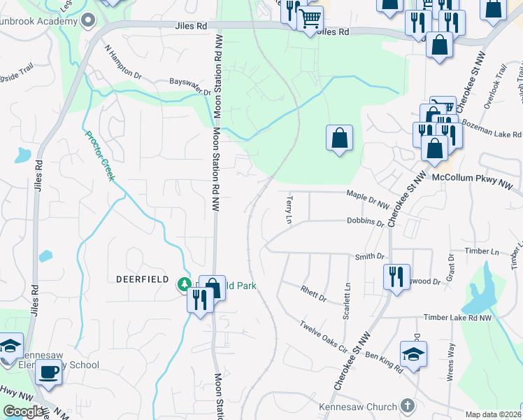 map of restaurants, bars, coffee shops, grocery stores, and more near 4580 Virginia Avenue in Kennesaw