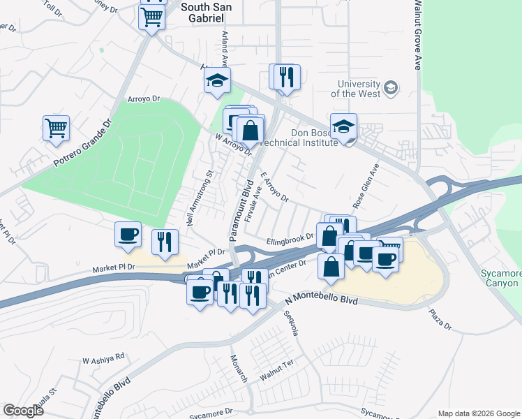 map of restaurants, bars, coffee shops, grocery stores, and more near 1635 North Greycastle Avenue in Montebello