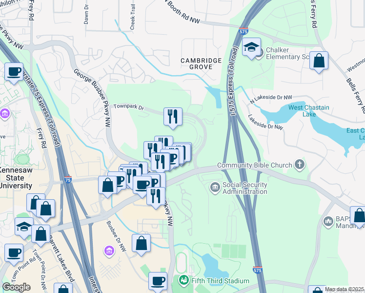 map of restaurants, bars, coffee shops, grocery stores, and more near 500 Townpark Lane in Kennesaw