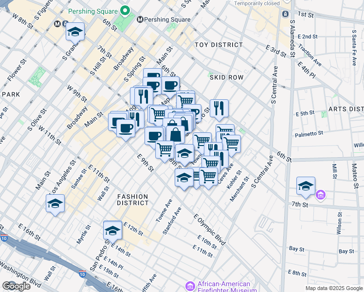 map of restaurants, bars, coffee shops, grocery stores, and more near 748 1/2 San Pedro Street in Los Angeles
