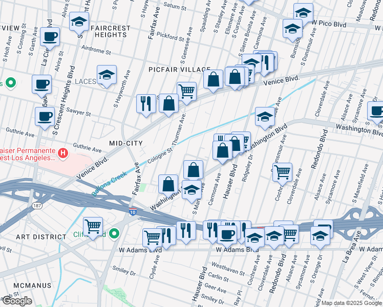 map of restaurants, bars, coffee shops, grocery stores, and more near 5563 Bangor Street in Los Angeles