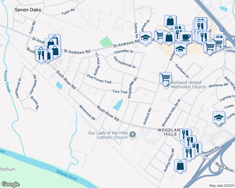 map of restaurants, bars, coffee shops, grocery stores, and more near 832 Tara Trail in Columbia
