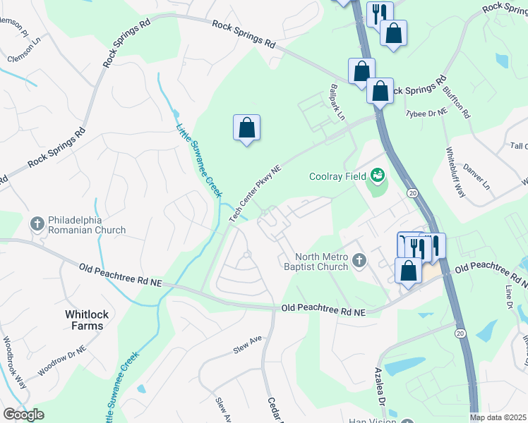 map of restaurants, bars, coffee shops, grocery stores, and more near 232 Overlook Park Lane in Lawrenceville