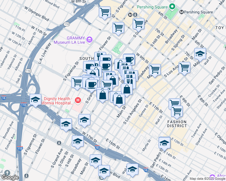 map of restaurants, bars, coffee shops, grocery stores, and more near 1149 South Hill Street in Los Angeles