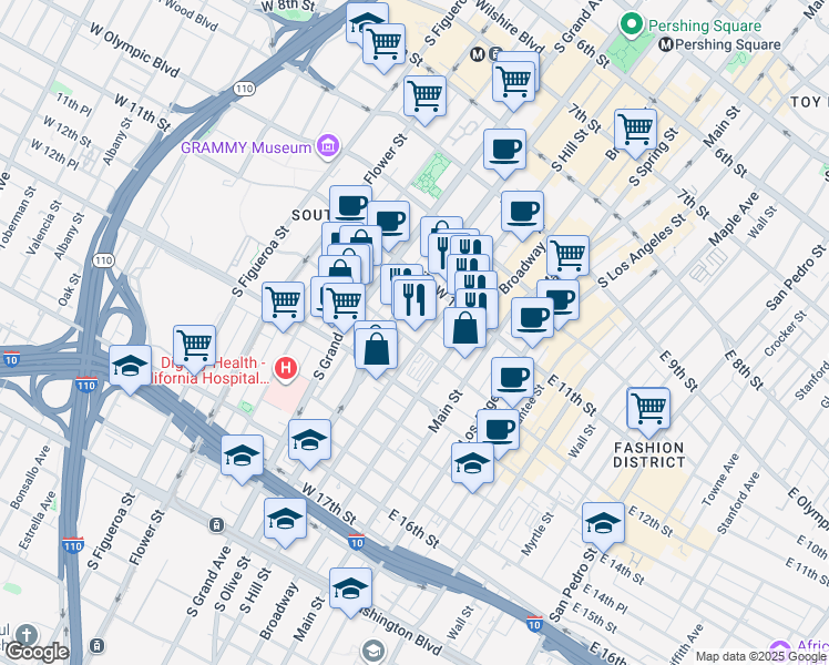 map of restaurants, bars, coffee shops, grocery stores, and more near 1150 South Olive Street in Los Angeles