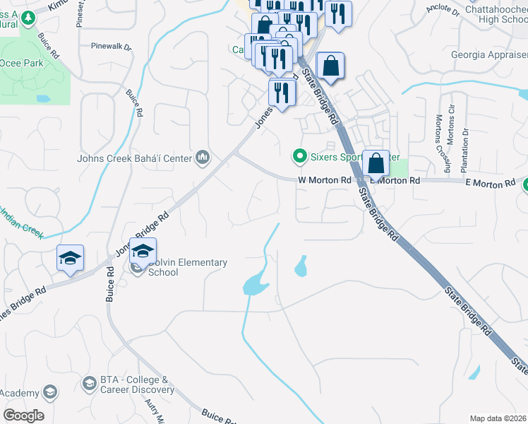 map of restaurants, bars, coffee shops, grocery stores, and more near 10740 Avian Drive in Alpharetta