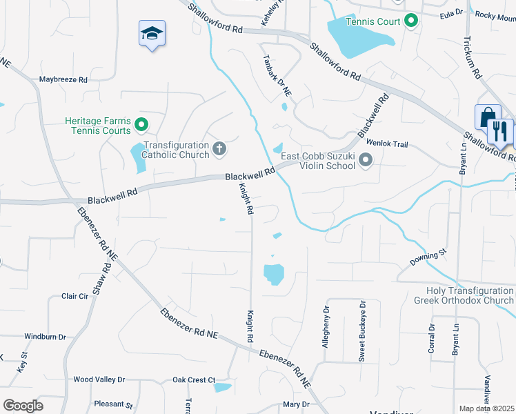 map of restaurants, bars, coffee shops, grocery stores, and more near 3670 Knight Road in Marietta