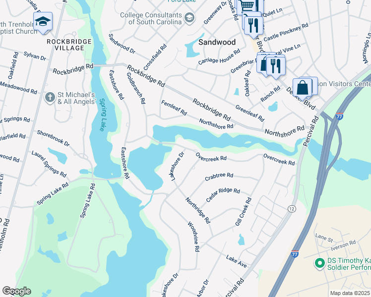 map of restaurants, bars, coffee shops, grocery stores, and more near 10100 Lakeshore Drive in Columbia
