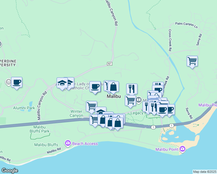 map of restaurants, bars, coffee shops, grocery stores, and more near 23825 Stuart Ranch Road in Malibu