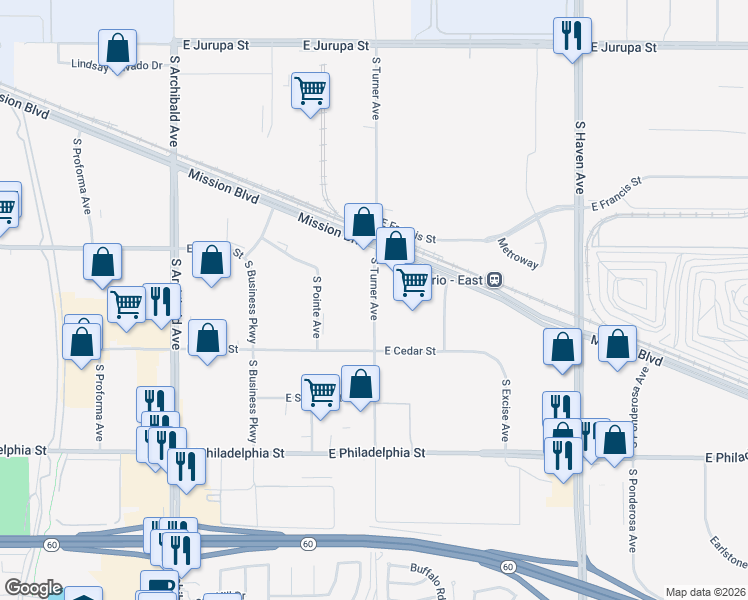 map of restaurants, bars, coffee shops, grocery stores, and more near 11756 South Turner Avenue in Ontario