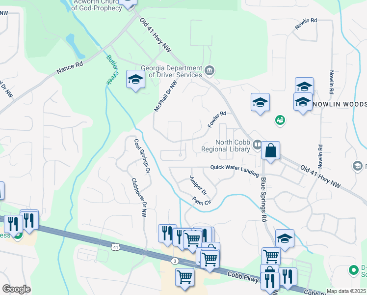 map of restaurants, bars, coffee shops, grocery stores, and more near 3426 Town Square Drive Northwest in Kennesaw
