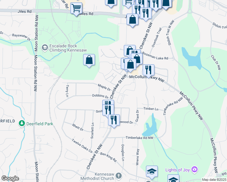 map of restaurants, bars, coffee shops, grocery stores, and more near 3550 Cherokee Street Northwest in Kennesaw
