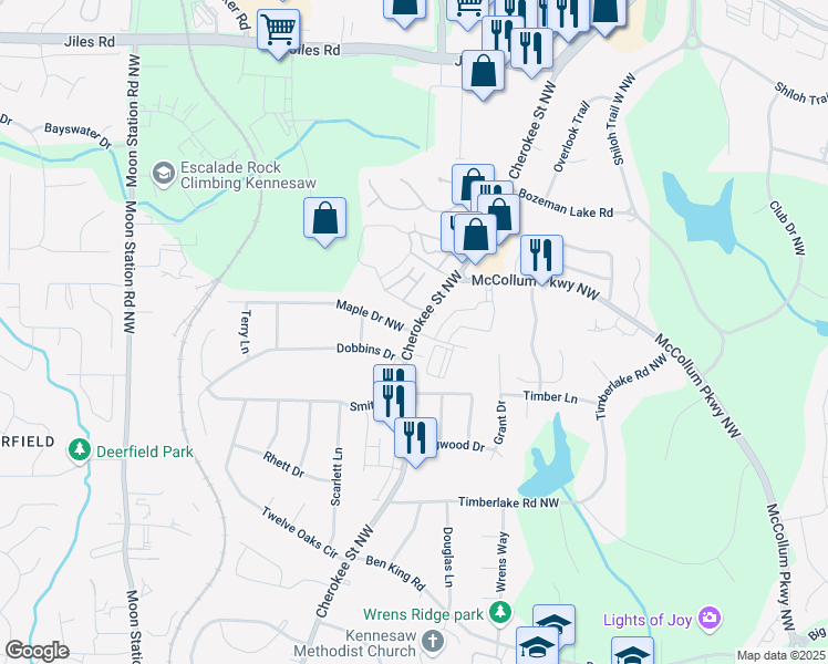 map of restaurants, bars, coffee shops, grocery stores, and more near 1875 Maple Drive in Kennesaw