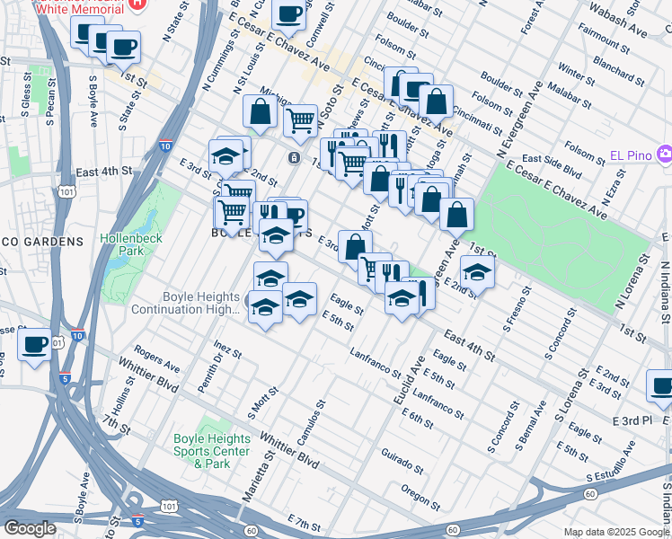 map of restaurants, bars, coffee shops, grocery stores, and more near 2700 East 3rd Street in Los Angeles