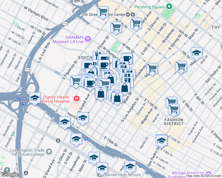 map of restaurants, bars, coffee shops, grocery stores, and more near 1150 South Olive Street in Los Angeles