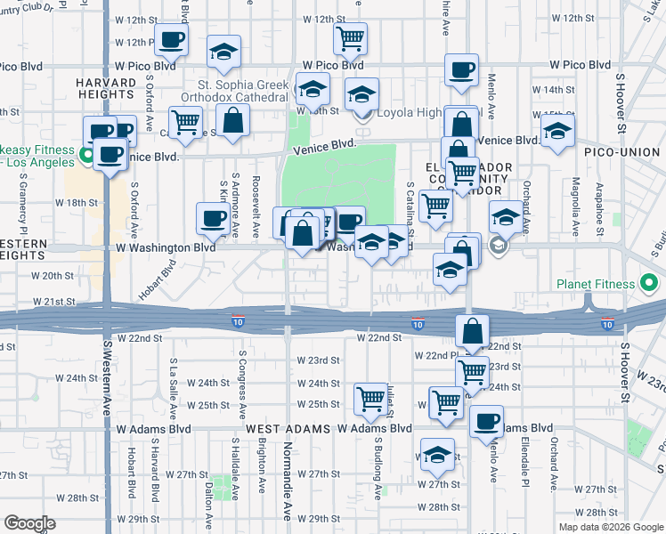 map of restaurants, bars, coffee shops, grocery stores, and more near 1800 West Washington Boulevard in Los Angeles