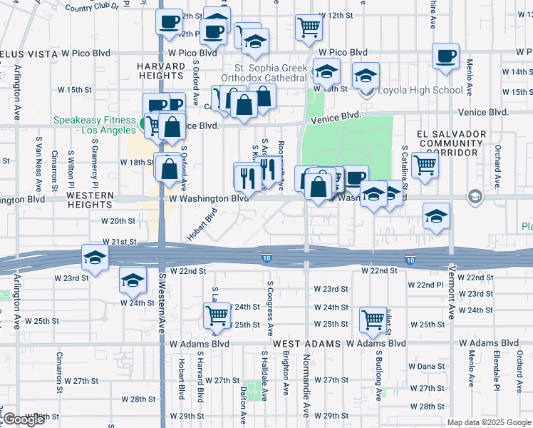 map of restaurants, bars, coffee shops, grocery stores, and more near 1913 South La Salle Avenue in Los Angeles
