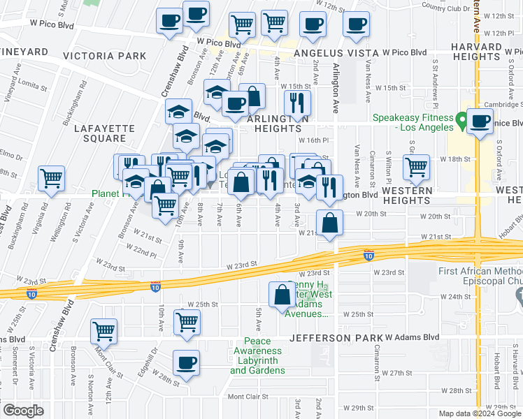 map of restaurants, bars, coffee shops, grocery stores, and more near 3512 West Washington Boulevard in Los Angeles