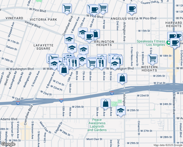 map of restaurants, bars, coffee shops, grocery stores, and more near 3512 West Washington Boulevard in Los Angeles
