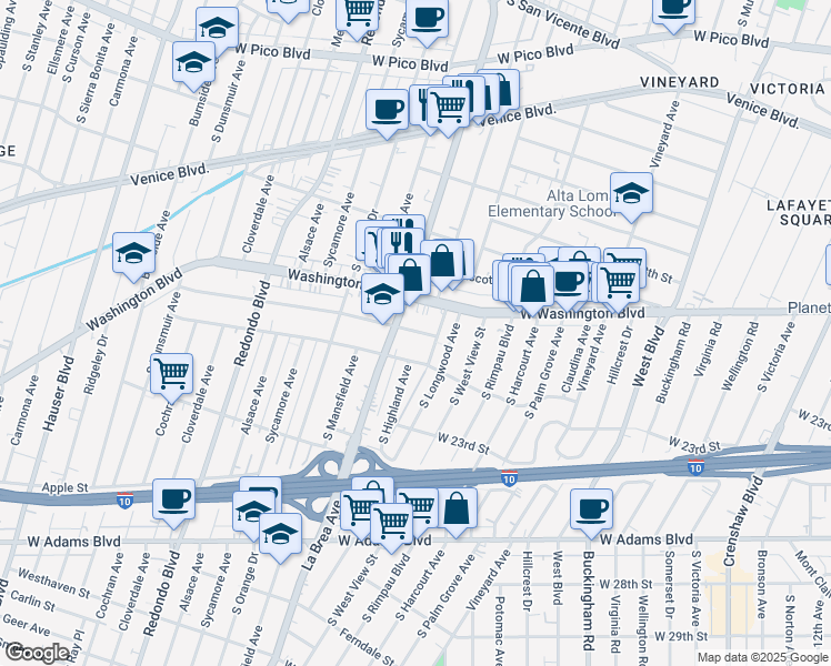 map of restaurants, bars, coffee shops, grocery stores, and more near 4917 West 20th Street in Los Angeles