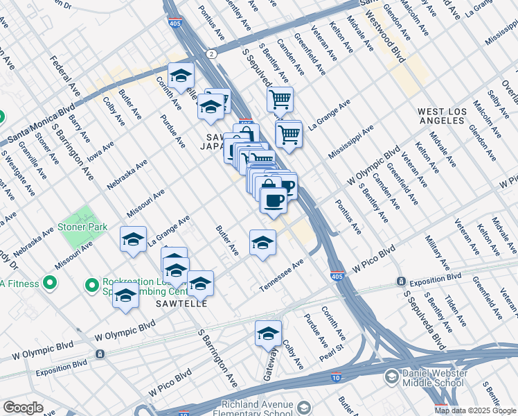 map of restaurants, bars, coffee shops, grocery stores, and more near 11315 Mississippi Avenue in Los Angeles