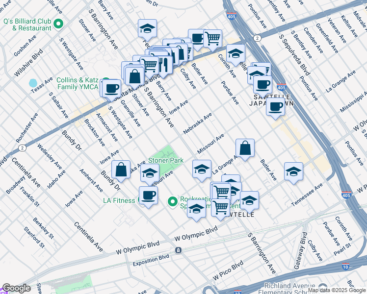 map of restaurants, bars, coffee shops, grocery stores, and more near 1824 South Barrington Avenue in Los Angeles
