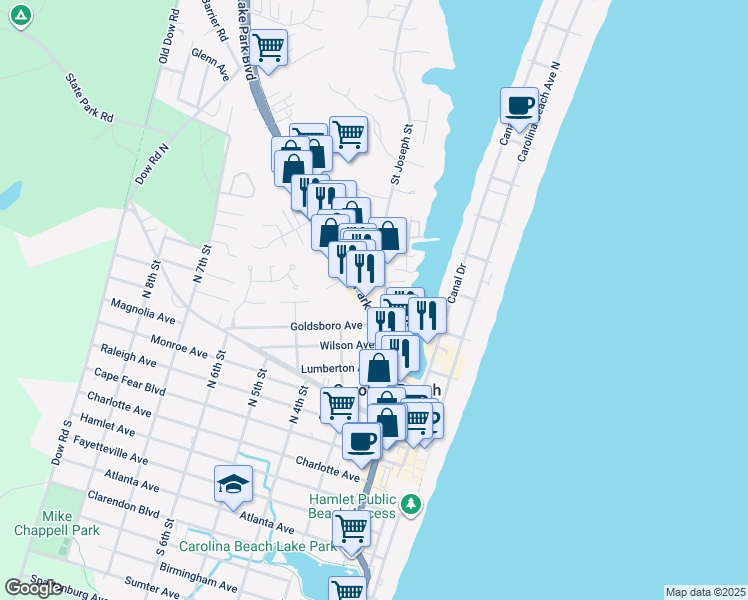 map of restaurants, bars, coffee shops, grocery stores, and more near 201-205 Winner Avenue in Carolina Beach