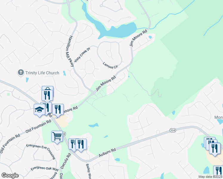 map of restaurants, bars, coffee shops, grocery stores, and more near 1274 Six Sisters Street in Dacula