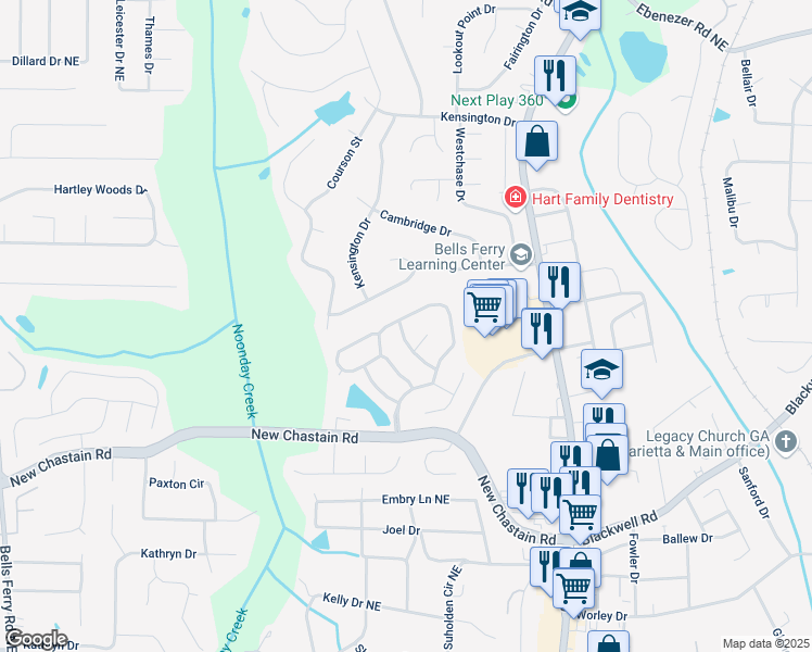 map of restaurants, bars, coffee shops, grocery stores, and more near 3471 Chastain Glen Lane Northeast in Marietta