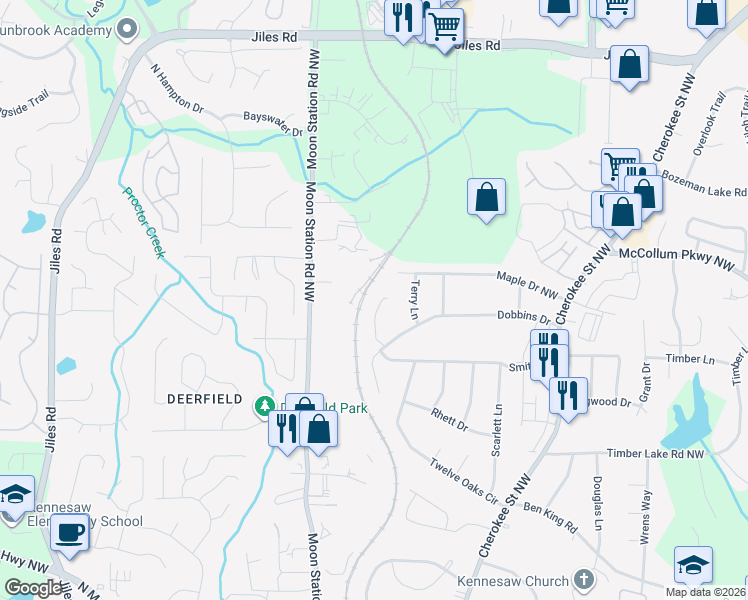 map of restaurants, bars, coffee shops, grocery stores, and more near 4580 Virginia Avenue in Kennesaw