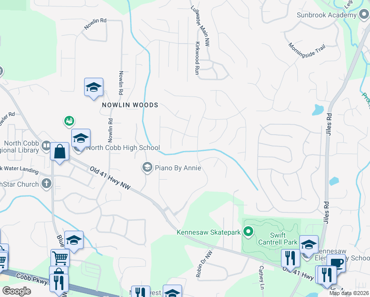 map of restaurants, bars, coffee shops, grocery stores, and more near 3004 Donamire Avenue Northwest in Kennesaw