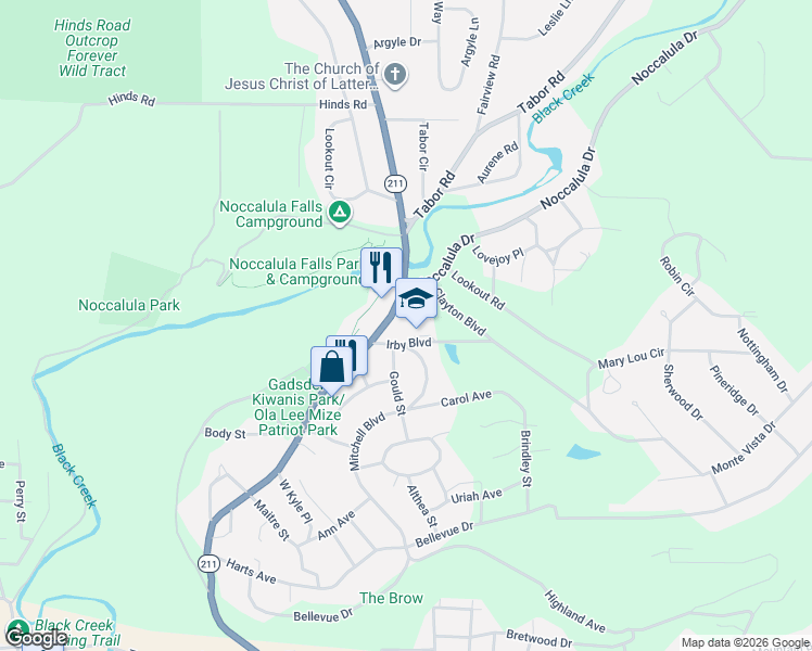 map of restaurants, bars, coffee shops, grocery stores, and more near 1501 Noccalula Road in Gadsden