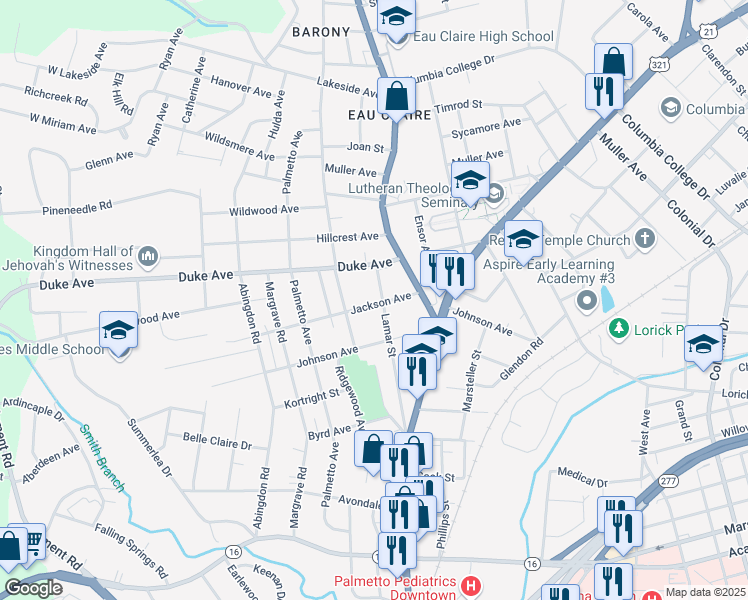 map of restaurants, bars, coffee shops, grocery stores, and more near 923 Jackson Avenue in Columbia