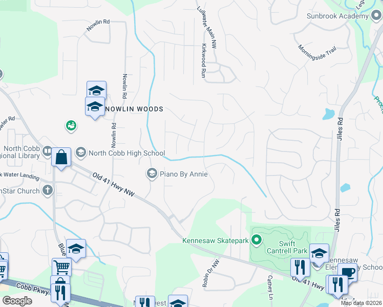 map of restaurants, bars, coffee shops, grocery stores, and more near 3004 Donamire Avenue Northwest in Kennesaw