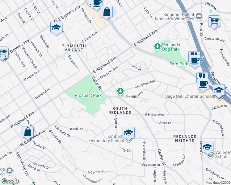 map of restaurants, bars, coffee shops, grocery stores, and more near 0 Campbell Avenue in Redlands