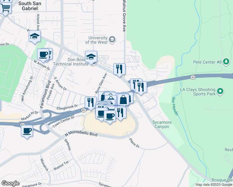 map of restaurants, bars, coffee shops, grocery stores, and more near 988 Oakmill Avenue in Rosemead