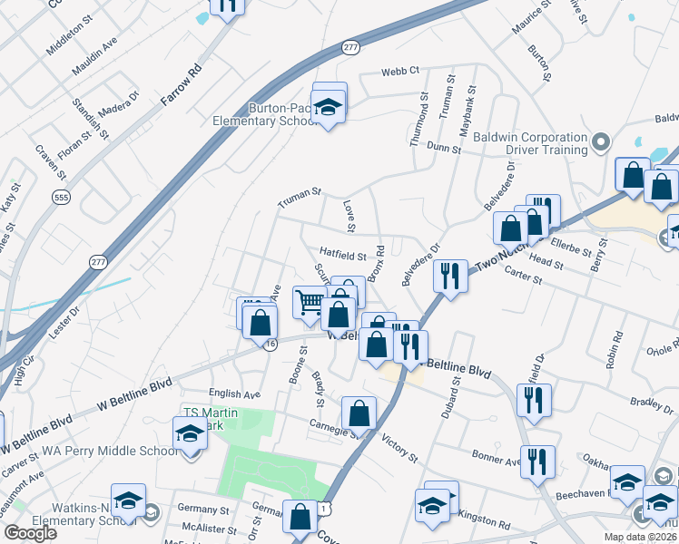 map of restaurants, bars, coffee shops, grocery stores, and more near 3103 Scurry Street in Columbia